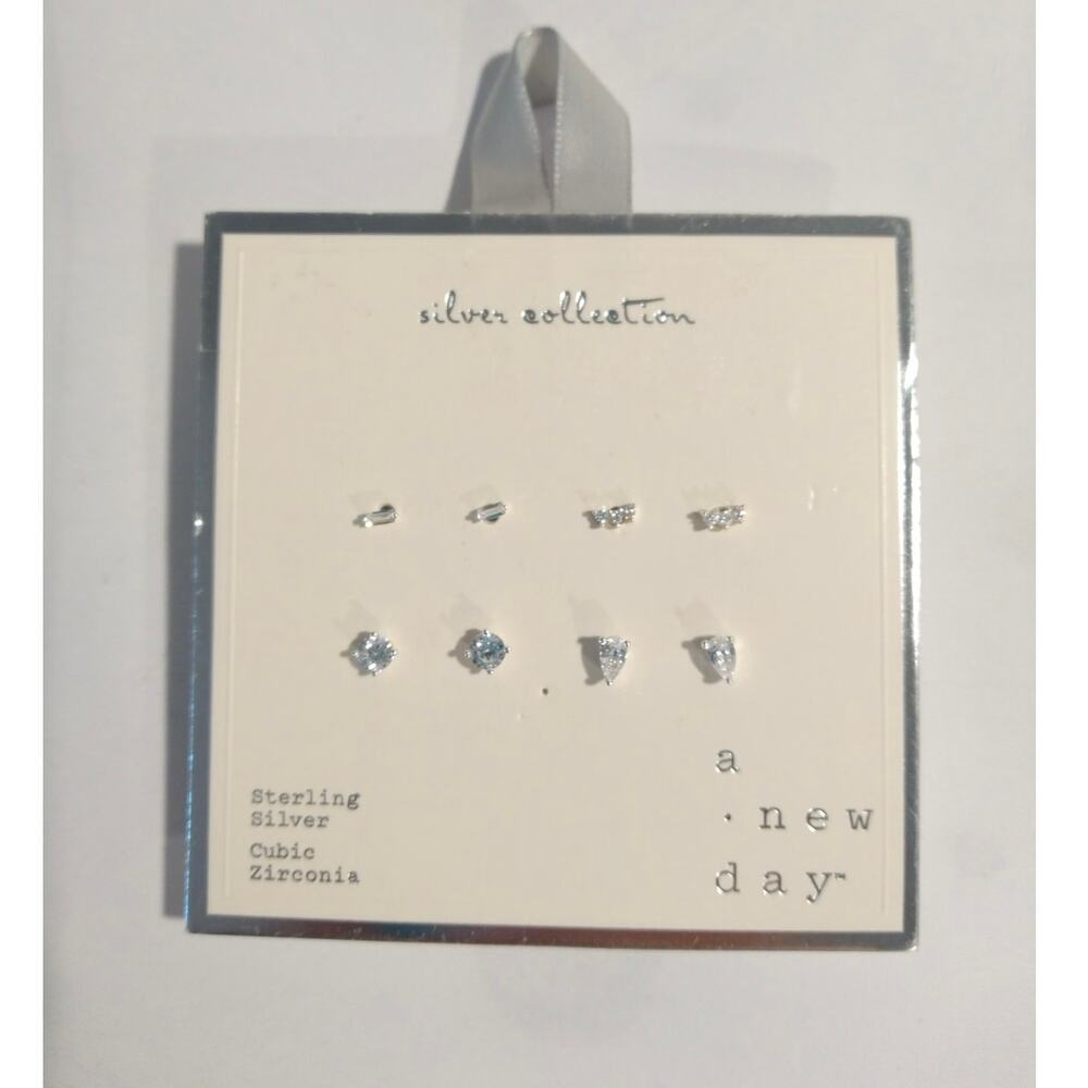 A New Day 925 Sterling Silver CZ Stud Earrings Posts Nickel Free 4pcs